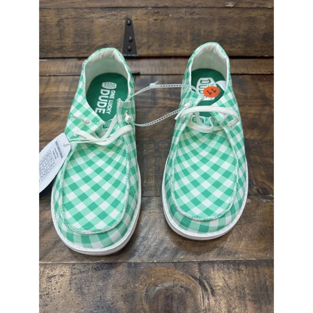 Hey Dude Wendy Shamrock Gingham Green White Casual Slip-on Shoes Size 11